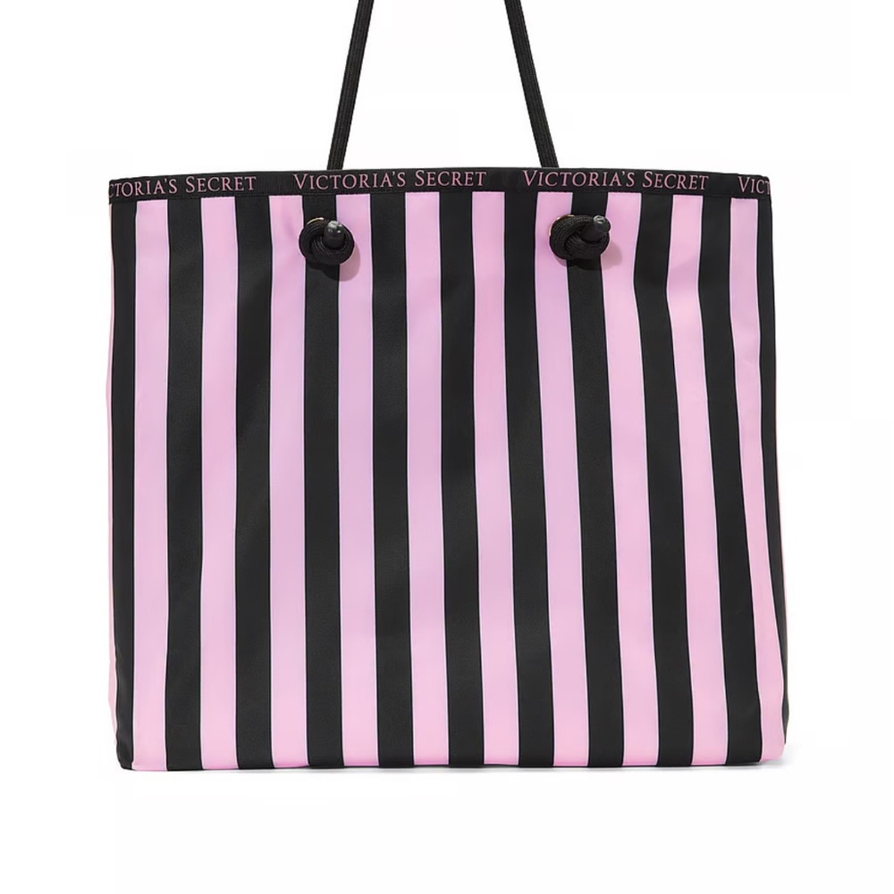 Victoria's Secret Reversible Tote Black Pink Striped Tote And Floral Print NWT - Picture 3 of 10